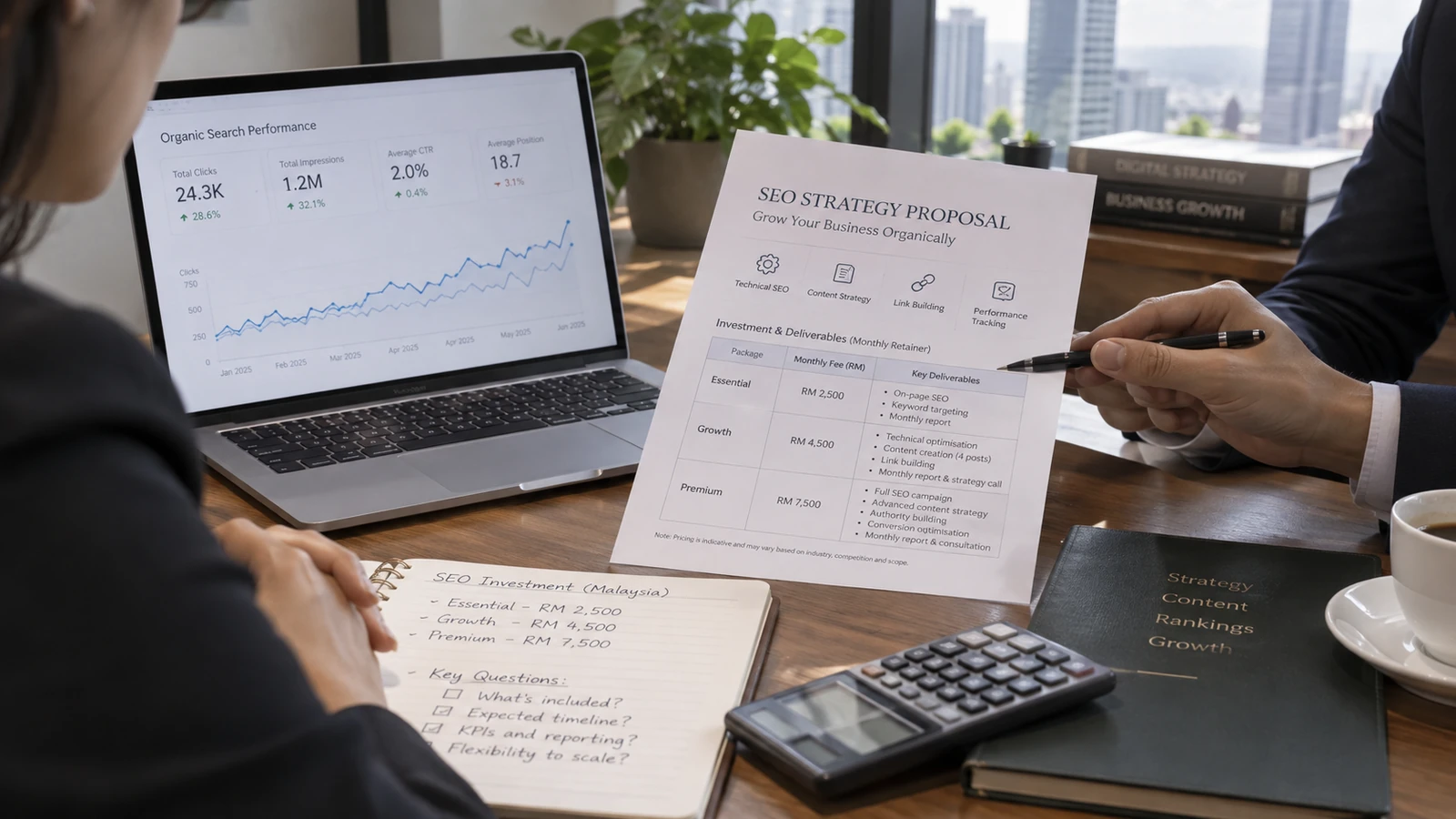 SEO cost planning in Malaysia showing keyword research, technical optimisation, content and monthly retainer scope